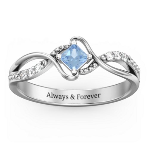 Solitaire Princess Cut Ring with Twisted Split Shank and Accents – Sterling Silver with Blue Topaz and Cubic Zirconia
