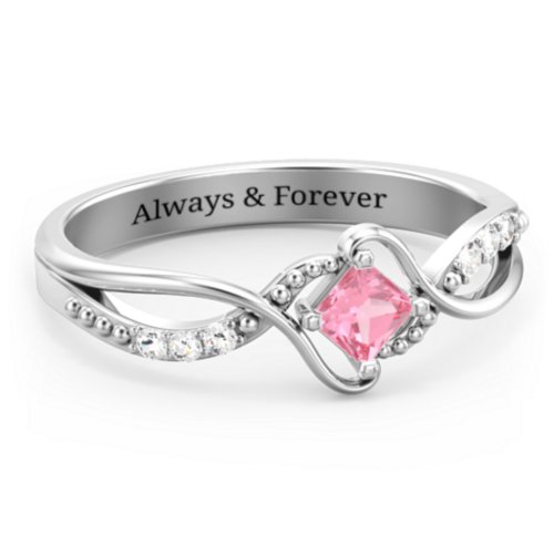 Solitaire Princess Cut Ring with Twisted Split Shank and Accents – Sterling Silver with Pink Tourmaline and Cubic Zirconia