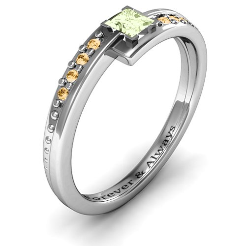 Princess Cut Ring with Accents – Sterling Silver with Peridot and Fancy Yellow Premium Zirconia