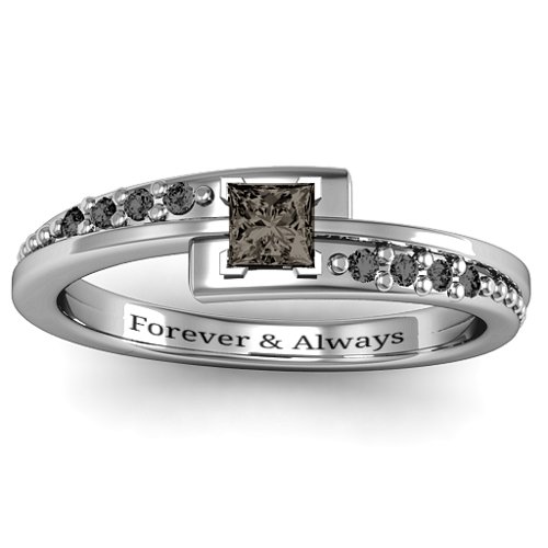 Princess Cut Ring with Accents – Sterling Silver with Smokey Quartz and Black Premium Zirconia