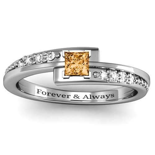Princess Cut Ring with Accents – Sterling Silver with Citrine and White Premium Zirconia