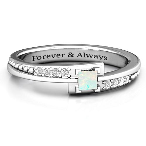 Princess Cut Ring with Accents – Sterling Silver with Opal and White Premium Zirconia