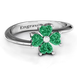 Four Heart Clover Ring in 925 Sterling Silver with Emerald