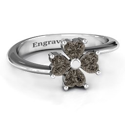 Four Heart Clover Ring in 925 Sterling Silver with Smokey Quartz