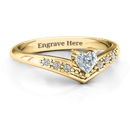 V-Accented Heart Ring in 10K Solid Yellow Gold with Cubic Zirconia