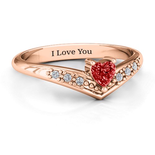 V-Accented Heart Ring – 10K Rose Gold with Garnet and Cubic Zirconia