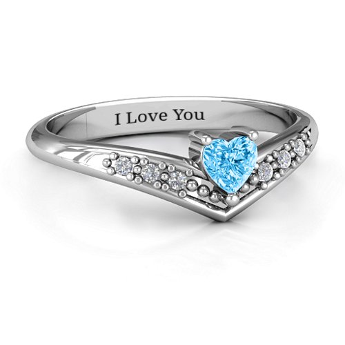 V-Accented Heart Ring – Sterling Silver with Blue Topaz and Cubic Zirconia