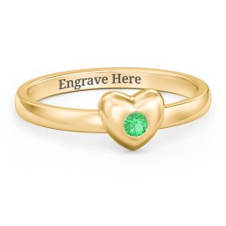 Solid Heart with Gemstone Ring in 14K Solid Yellow Gold with Emerald