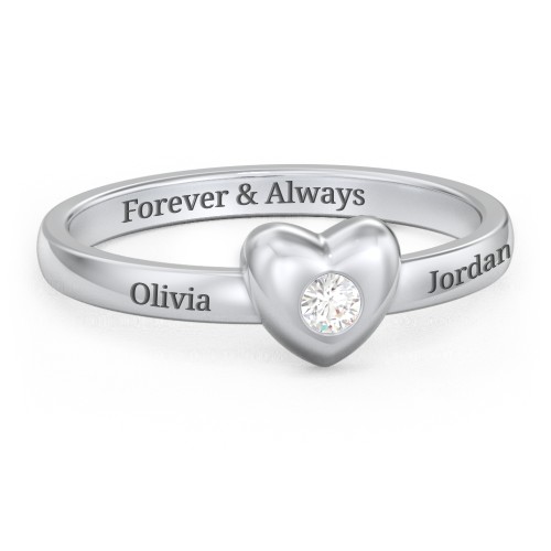 Solid Heart with Gemstone Ring – Sterling Silver with Cubic Zirconia