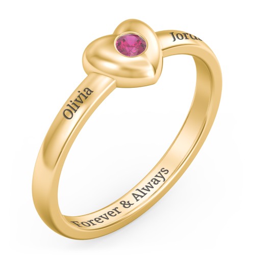 Solid Heart with Gemstone Ring – 18K Gold Plated Silver with Ruby