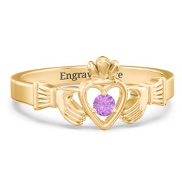 Round Stone Claddagh Ring in 14K Solid Yellow Gold with Amethyst