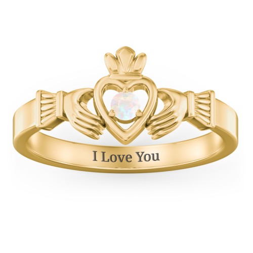 Round Stone Claddagh Ring – 18K Gold Plated Silver with Opal