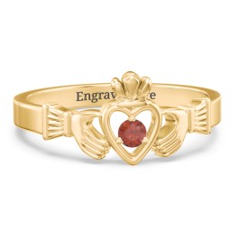 Round Stone Claddagh Ring in 18K Gold Plated Silver with Garnet