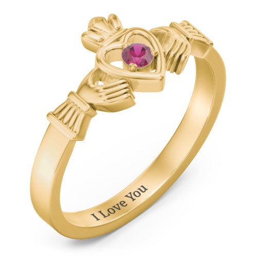 Round Stone Claddagh Ring – 18K Gold Plated Silver with Ruby