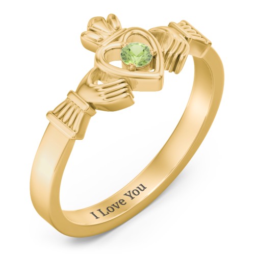 Round Stone Claddagh Ring – 18K Gold Plated Silver with Peridot