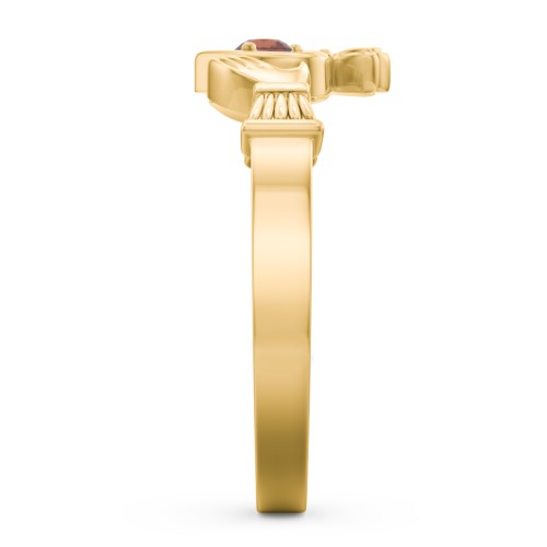 Round Stone Claddagh Ring – 18K Gold Plated Silver with Garnet
