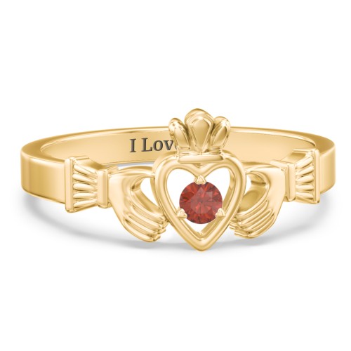 Round Stone Claddagh Ring – 18K Gold Plated Silver with Garnet