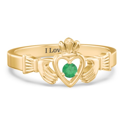 Round Stone Claddagh Ring – 18K Gold Plated Silver with Emerald