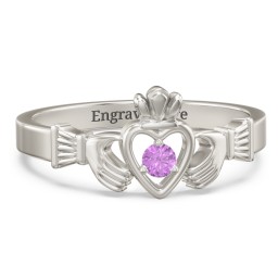 Round Stone Claddagh Ring in 10K Solid White Gold with Amethyst