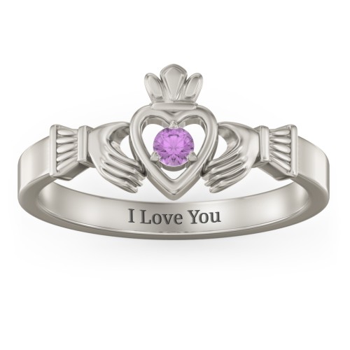 Round Stone Claddagh Ring – 10K White Gold with Amethyst