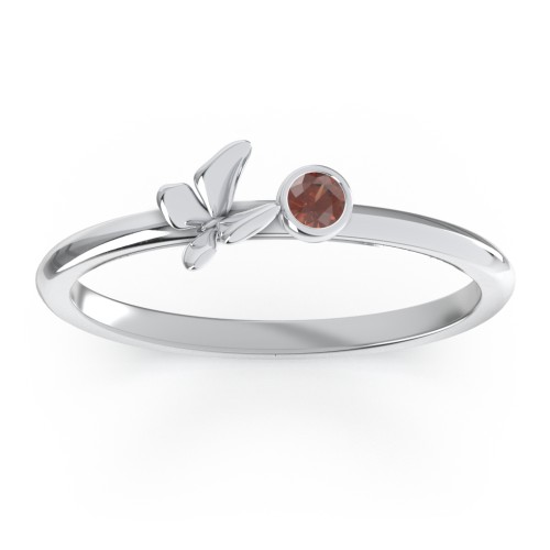 Stacking Butterfly Ring with Bezeled Gemstone – Sterling Silver with Garnet