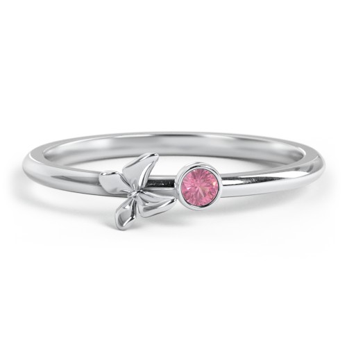 Stacking Butterfly Ring with Bezeled Gemstone – Sterling Silver with Pink Tourmaline