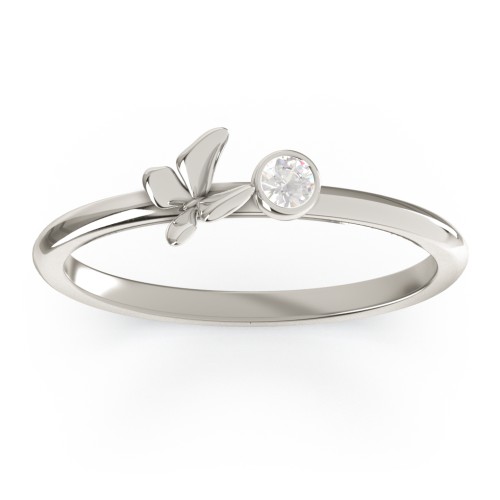 Stacking Butterfly Ring with Bezeled Gemstone – 10K White Gold with Cubic Zirconia