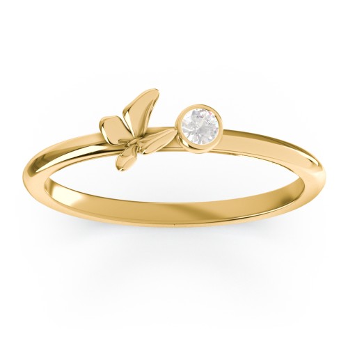 Stacking Butterfly Ring with Bezeled Gemstone – 10K Yellow Gold with Cubic Zirconia