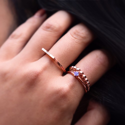 Stacking Ring with Compass Set Princess Gemstone – Sterling Silver with Ruby