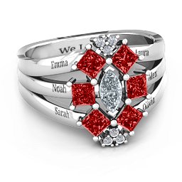 Arachna Centre Marquise and Princess Ring with Accents in 925 Sterling Silver with Cubic Zirconia and Garnet