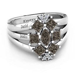 Arachna Centre Marquise and Princess Ring with Accents in 925 Sterling Silver with Smokey Quartz