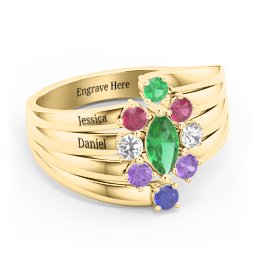 Multi Row Ring with Marquise and Round Cut Gemstones in 10K Solid Yellow Gold with Emerald, Ruby, Cubic Zirconia, Amethyst, and Blue Sapphire