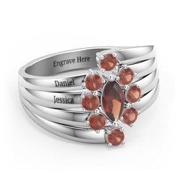 Multi Row Ring with Marquise and Round Cut Gemstones in 925 Sterling Silver with Garnet