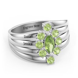 Multi Row Ring with Marquise and Round Cut Gemstones in 925 Sterling Silver with Peridot