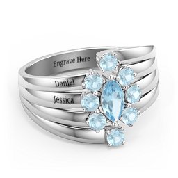Multi Row Ring with Marquise and Round Cut Gemstones in 925 Sterling Silver with Blue Topaz