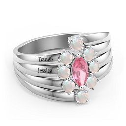 Multi Row Ring with Marquise and Round Cut Gemstones in 925 Sterling Silver with Pink Tourmaline and Opal