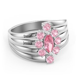 Multi Row Ring with Marquise and Round Cut Gemstones in 925 Sterling Silver with Pink Tourmaline