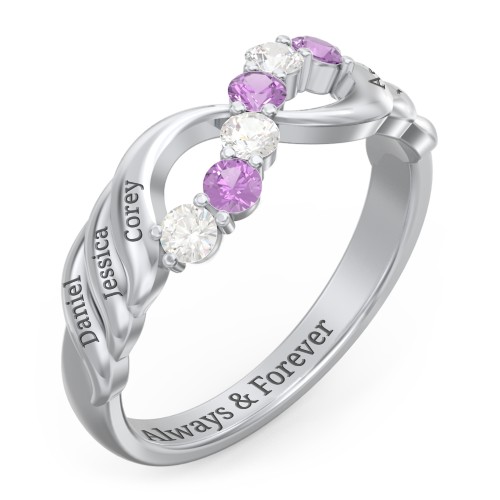 Engravable Infinity Wave Ring with Gemstones – Sterling Silver with Cubic Zirconia and Amethyst