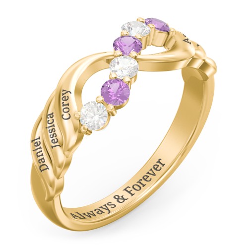 Engravable Infinity Wave Ring with Gemstones – 10K Yellow Gold with Cubic Zirconia and Amethyst
