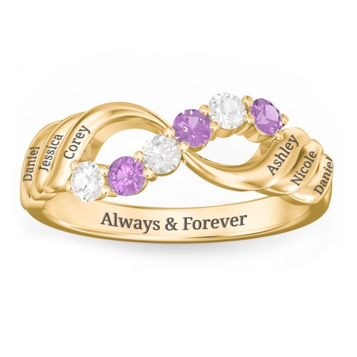 Engravable Infinity Wave Ring with Gemstones – 10K Yellow Gold with Cubic Zirconia and Amethyst