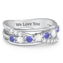7 Stone Crossover Ring with Accents in 925 Sterling Silver with Blue Sapphire and Cubic Zirconia