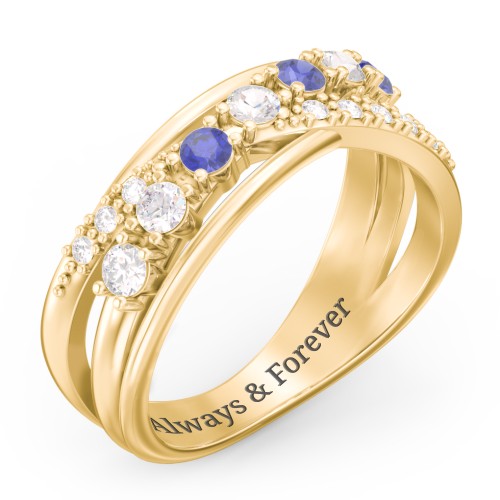7 Stone Crossover Ring with Accents – 10K Yellow Gold with Diamond, Blue Sapphire, Cubic Zirconia, and White Premium Zirconia