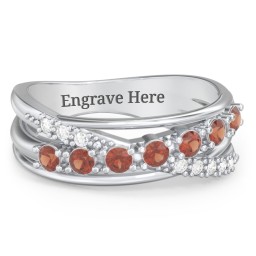 7 Stone Crossover Ring with Accents in 925 Sterling Silver with Garnet and Diamond