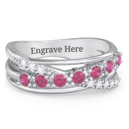 7 Stone Crossover Ring with Accents in 925 Sterling Silver with Ruby and Diamond