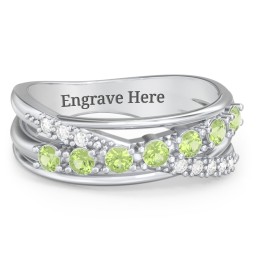 7 Stone Crossover Ring with Accents in 925 Sterling Silver with Peridot and Diamond