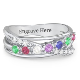 7 Stone Crossover Ring with Accents in 925 Sterling Silver with Emerald, Ruby, Cubic Zirconia, Amethyst, Blue Sapphire, and White Premium Zirconia