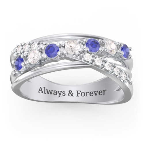 7 Stone Crossover Ring with Accents – Sterling Silver with Blue Sapphire, Cubic Zirconia, and White Premium Zirconia