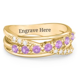 7 Stone Crossover Ring with Accents in 10K Solid Yellow Gold with Amethyst and White Premium Zirconia