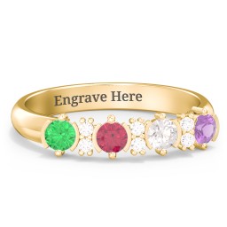 4 Stone Semi-Bezel Ring with Accents in 10K Solid Yellow Gold with Emerald, Ruby, Cubic Zirconia, Amethyst, and White Premium Zirconia