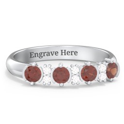 4 Stone Semi-Bezel Ring with Accents in 925 Sterling Silver with Garnet and White Premium Zirconia